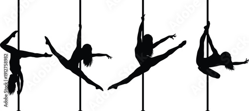 Black pole dance silhouette set featuring women in athletic poses isolated on white background for fitness studio dance class artistic performance and sports vector