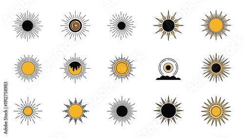 Various stylized sun and solar icons in black and golden orange for astrology spirituality and weather theme design projects.