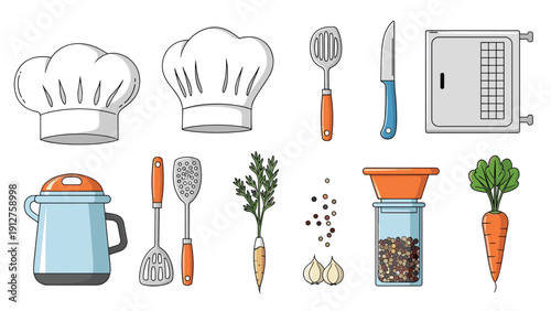Set of flat style kitchen icons including utensils chef hats and fresh vegetables for cooking and culinary concept branding.