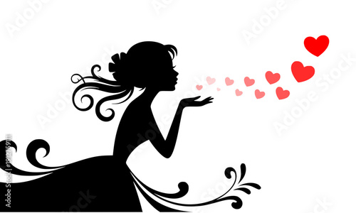 Woman silhouette blowing hearts and kisses with floral decorative swirls for Valentine's Day greeting card, romantic love celebration and affectionate gesture design concepts