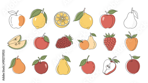 Collection of hand-drawn fruit icons including apples, pears, lemons, and berries with soft color accents on white.