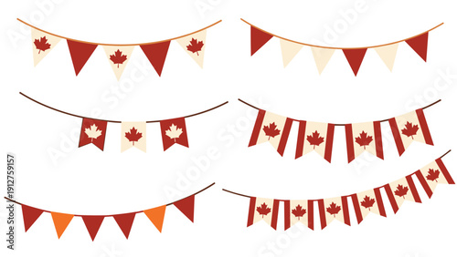 Variety of Canadian flag bunting banners with red and white maple leaf designs on curved strings for celebration.