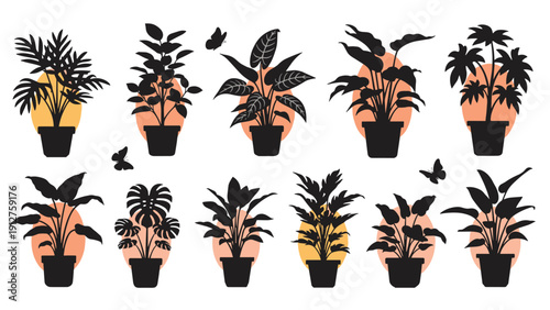 Silhouette collection of various potted houseplants with orange and yellow circular backgrounds and butterflies.