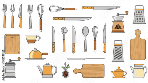 Extensive collection of kitchen utensils and tools including knives, whisks, cutting boards, and coffee pots.