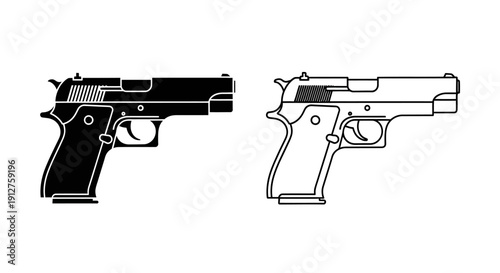 Black and white handgun illustration, gun drawing, weapon design, firearm sketch, pistol art Vector