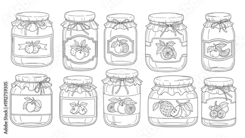 Ten vintage-style hand-drawn sketches of preserve jars with various fruit labels like oranges apples and pears for home kitchen decor.