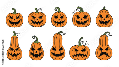 Ten spooky orange Halloween pumpkins with various scary faces and green stems arranged on a plain white background for holiday design.