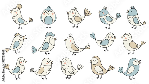 Collection of fifteen cute hand-drawn cartoon birds in soft blue and beige colors shown in various poses isolated on white background.