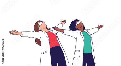 Diverse Female Scientists Immersed in VR Simulation or Experiencing Scientific Breakthrough Illustration