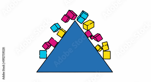 Abstract Geometric Instability: CMYK Cubes Falling Off a Blue Triangle Pyramid