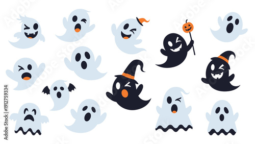 Collection of cute and funny cartoon ghosts with various expressions and accessories for Halloween decorations and design projects.