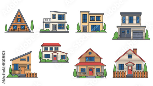 Set of various modern architectural house designs in a flat line art style with trees and fences in warm neutral tones.