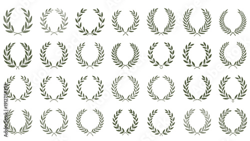Large collection of various laurel wreath designs in dark green representing victory honor and achievement on a white background.