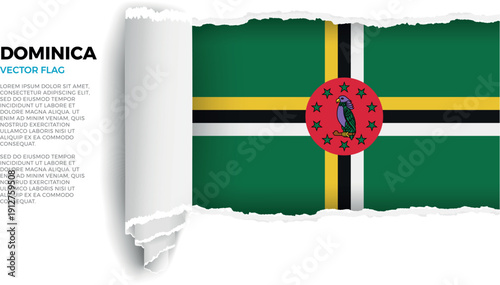 Flag of Dominica. Flag revealed through torn paper rolled up on a transparent background