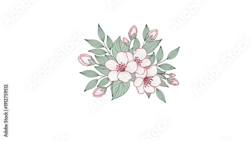 Elegant floral bouquet featuring several blooming flowers and buds in soft pink and green tones in a detailed sketch style.