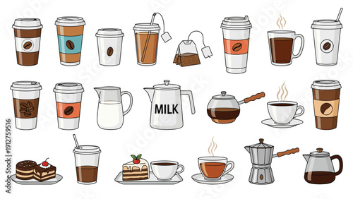 Large collection of various coffee and tea icons including takeaway cups teapots mugs and desserts in a colored style.