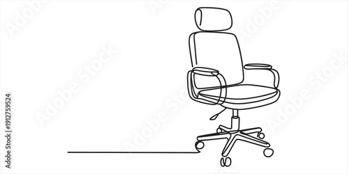 Continuous line drawing of a modern ergonomic office chair with headrest and wheels. Vector, illustration