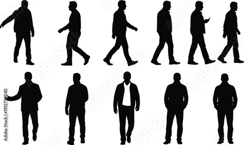 Black silhouette of men walking and standing in various poses isolated on white background for architectural visualization urban planning lifestyle community and business concept vector