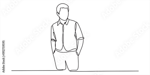 Minimalist continuous line drawing of a stylish man standing with hands in pockets Vector, illustration