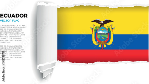 Flag of Ecuador. Flag revealed through torn paper rolled up on a transparent background