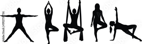 Black yoga silhouette set featuring women in various fitness poses and aerial yoga isolated on white background for wellness studio health and exercise vector