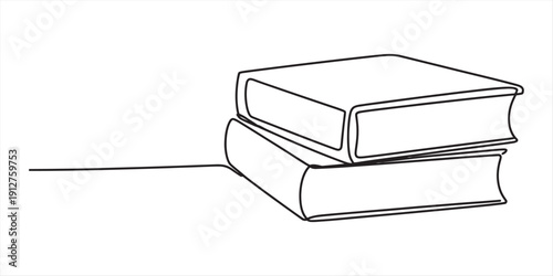 A minimalist continuous line drawing of two books stacked on top of each other on a white background. Vector, illustration