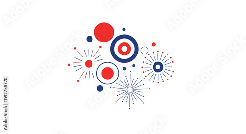 Red, white, and blue abstract vector graphic with circular shapes and explosive burst patterns isolated on transparent background
