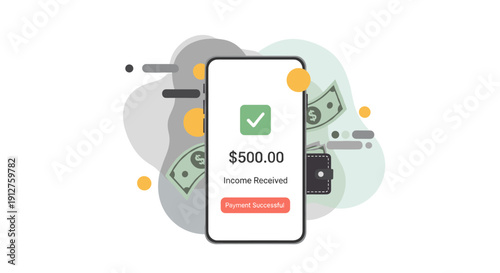 A modern smartphone displays a successful $500 income receipt, symbolizing efficient mobile banking and digital financial transactions.
