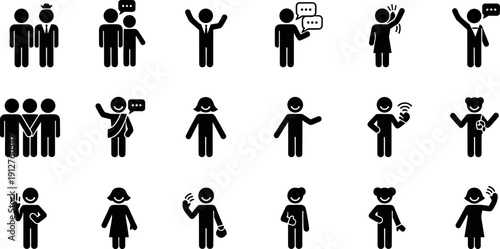 Set of stick figure icons depicting people communicating social interaction greeting talking waving hands group meeting diversity and human connection
