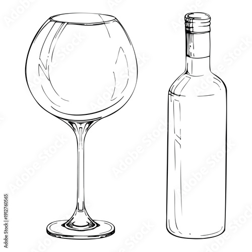 Long neck bottle, tall balloon glass, elegant minimalist serving vessel. Hand-drawn vector illustration in ink for restaurant branding, drink menus, glassware posters, packaging, wine lifestyle design
