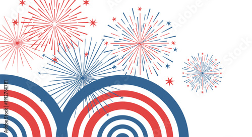 Vector illustration of red, white, and blue fireworks exploding above concentric circles, isolated on transparent background
