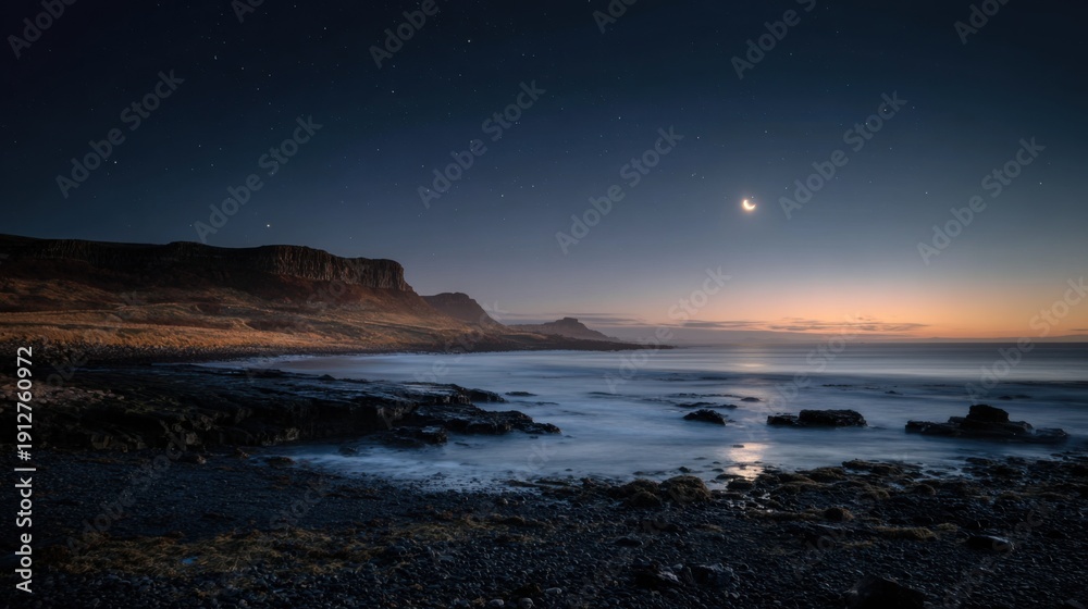 Fototapeta premium There’s shadows dancing on the shore There’s the moon quietly glowing In the star strung sky Waiting for the dawn To awaken the day You are always there Poised in the horizons 