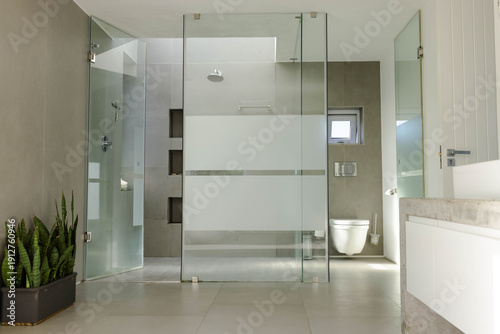Frameless glass shower enclosure showing frosted wide bands and rain showerhead in modern bathroom