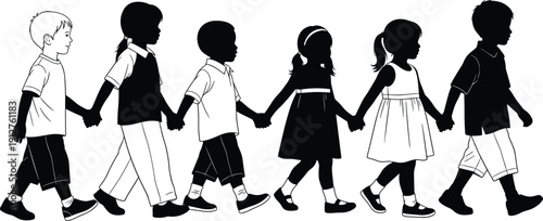 Row of diverse children holding hands and walking together silhouette set featuring young boys and girls for school friendship vector