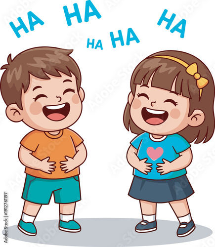 Cute laughing kids cartoon illustration with happy boy and girl smiling together