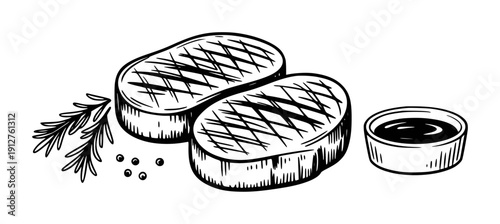 Hand Drawn Grilled Steaks with Rosemary Peppercorns and Dipping Sauce White Background