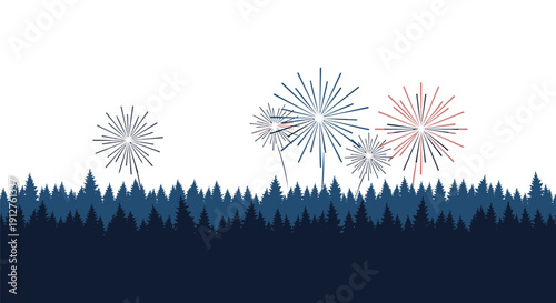 Vector illustration of fireworks exploding over a silhouette of trees at night