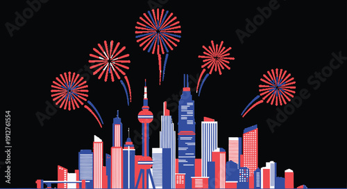 Vector illustration of a city skyline with fireworks on a black background in red, white, and blue colors