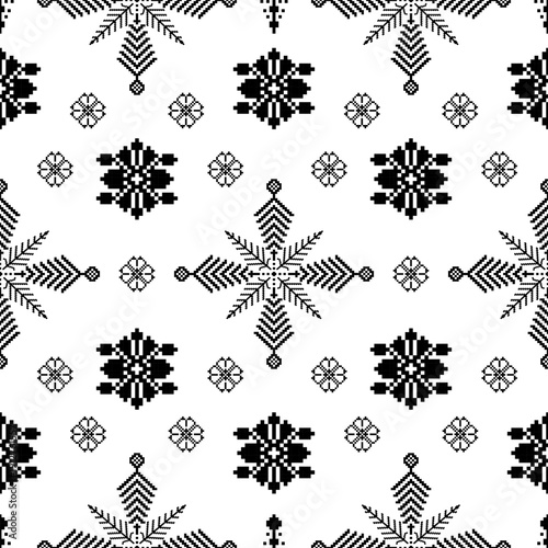 Seamless Tribal Floral Folk Pattern in Black and White Ethnic Style. Perfect for fabric prints, fashion textiles, wallpapers, home decor, packaging, stationery, and branding.