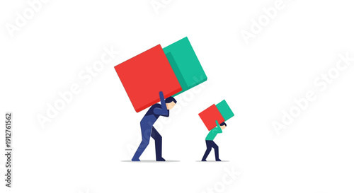 Unequal Burden Concept: Businessmen carrying large, heavy boxes. Illustration of massive responsibility, stress, heavy workload, and disproportionate effort.