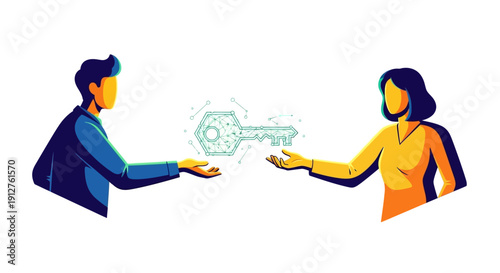 Digital Key Exchange and Transfer. Vector illustration of two people sharing a polygonal security key, representing access, solution, partnership, or crypto ownership.