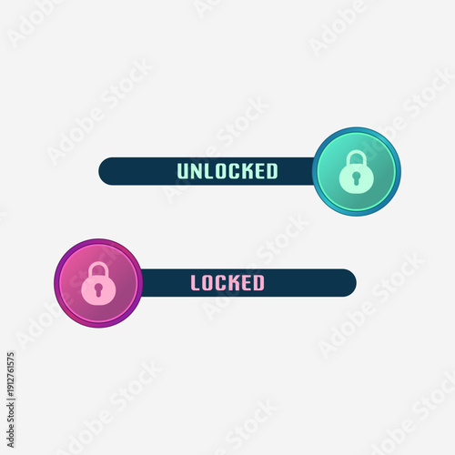 Vector illustration of a mint-colored sliding button for unlock and pink for lock. The rounded shape and sliding button effect are perfect for user interfaces