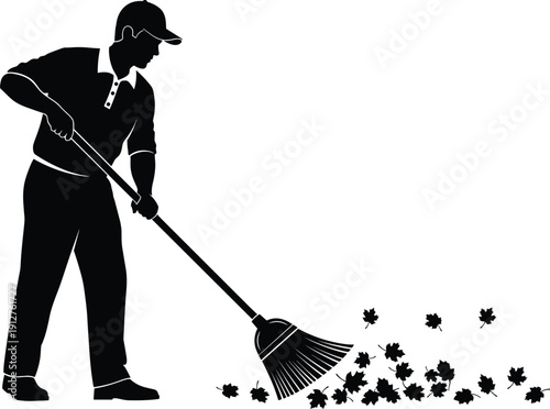 Strong male gardener silhouette sweeping autumn leaves with a broom for garden maintenance, backyard cleaning, and seasonal outdoor landscaping work