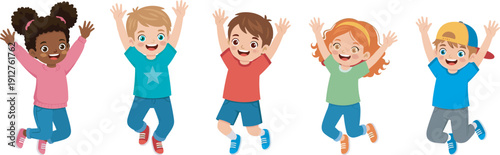 Happy diverse cartoon children jumping with raised hands, cute multicultural kids isolated on white background illustration