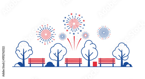 Vector illustration of a park scene with red benches, trees, and colorful fireworks exploding in the sky isolated on transparent background