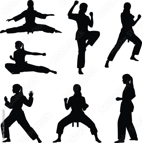 Martial arts fighter silhouette set with karate and taekwondo poses, kicks and stances collection, self defense training characters, black vector illustration.