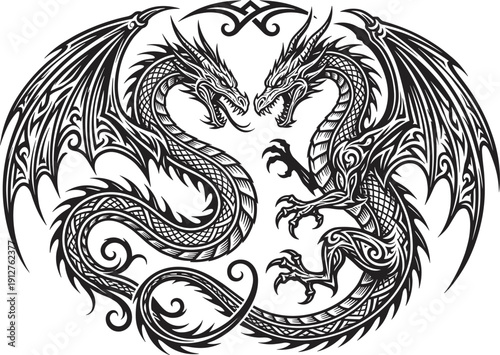 Tribal dragon illustration featuring detailed fantasy creature with wings black and white tattoo style design