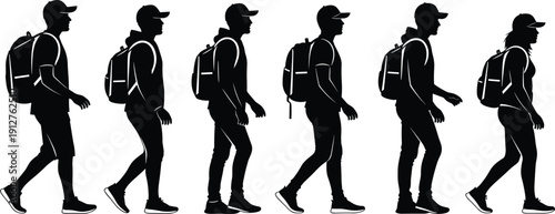 Set of silhouette vector illustrations featuring diverse travelers and students wearing backpacks and baseball caps while walking on a journey