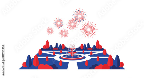 Vector illustration of a stylized cityscape with blue and red buildings and pink virus particles floating above isolated on transparent background