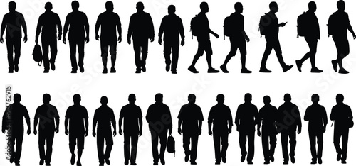 Silhouette collection of men walking and standing in various poses including students with backpacks and casual pedestrians for urban life